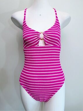 Lucky Brand Pink & White Striped One-Piece Swimsuit | Size Medium | EUC
